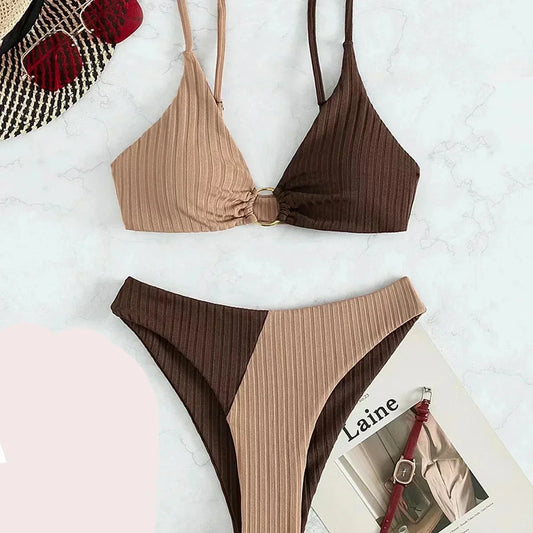 Women’s Bikini Set – Push-Up Top – High Waist Bottom – Ribbed Texture – Ring Detail