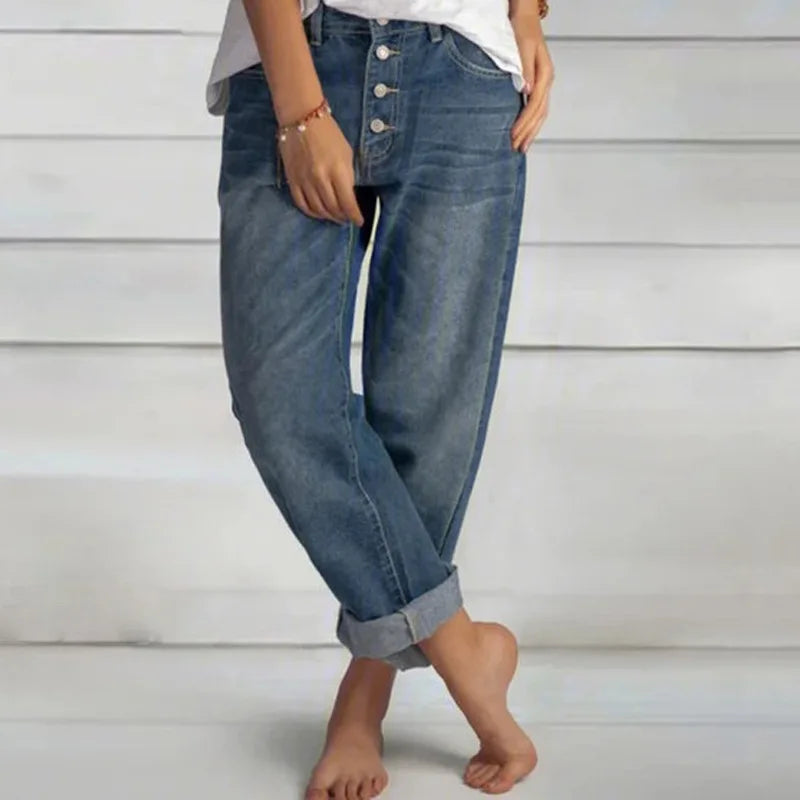 Trisha - Dameshogetaille boyfriend baggy casual loose denim jeans met zakken