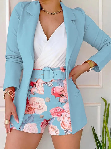 Elara - Blazer en Bloemprinten Korte Tweestuk Set