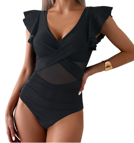 Women’s One-Piece Swimsuit – Deep V-Neck – Ruffle Sleeve – Mesh Panel – Quick Dry