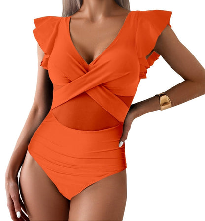 Women’s One-Piece Swimsuit – Deep V-Neck – Ruffle Sleeve – Mesh Panel – Quick Dry