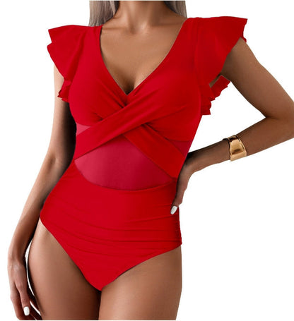 Women’s One-Piece Swimsuit – Deep V-Neck – Ruffle Sleeve – Mesh Panel – Quick Dry
