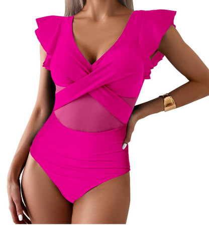 Women’s One-Piece Swimsuit – Deep V-Neck – Ruffle Sleeve – Mesh Panel – Quick Dry