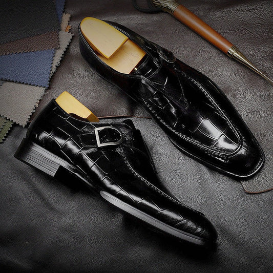 Men’s Monk Strap Shoes – Polished Leather – Embossed Pattern – Square Toe Formal