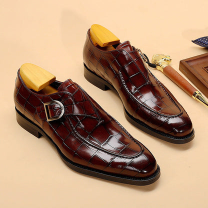 Men’s Monk Strap Shoes – Polished Leather – Embossed Pattern – Square Toe Formal