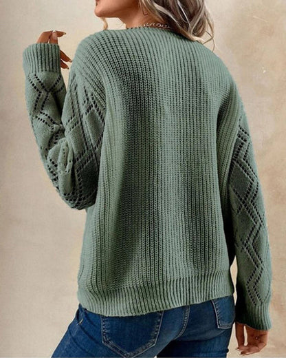 Women’s V-Neck Sweater – Soft Knit – Relaxed Fit – Lace Trim – Open Knit Sleeves