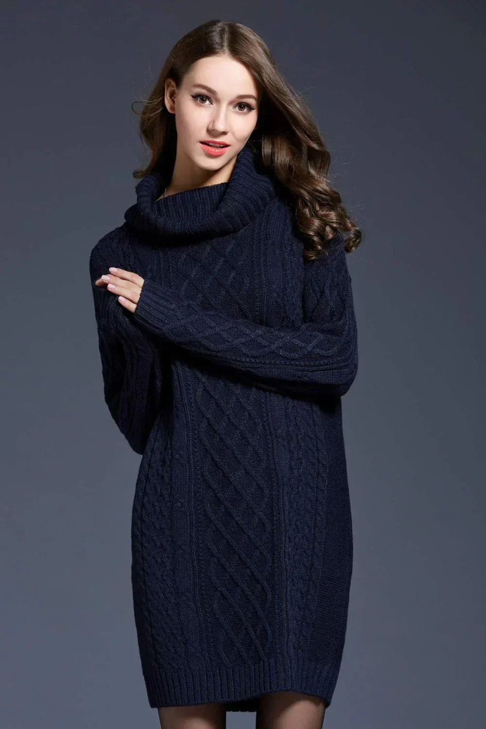 Women's Cable Knit Sweater Dress - Wool Blend - Cowl Neck - Long Sleeve - Relaxed Fit