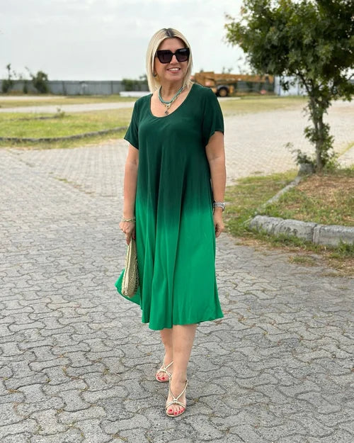 Women's Dress - Flowing Relaxed Fit - V-Neck Short Sleeve - Lightweight Breathable