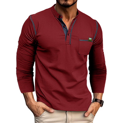 Men’s Henley Shirt - Long Sleeve - Tailored Fit - Buttoned Placket - Chest Pocket
