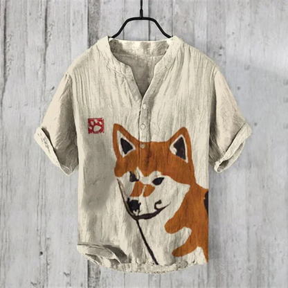 Men’s Casual Shirt – Relaxed Fit – Short Sleeve – Henley Neck – Artistic Cat Graphic