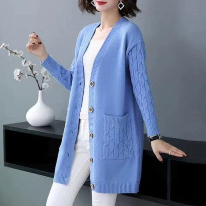 Women’s Cardigan Sweater – Wool Knit – Loose Fit – Cable Sleeve – Mid-Length – Button Front