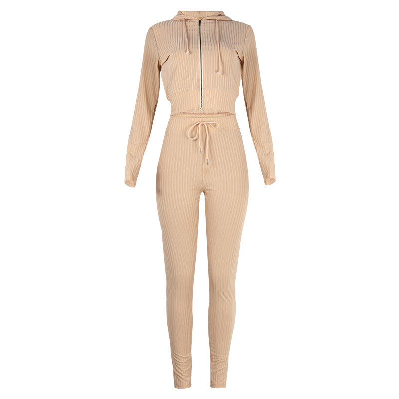 Women's Ribbed Knit Two-Piece Set – Cropped Zip Hoodie & High-Waisted Leggings