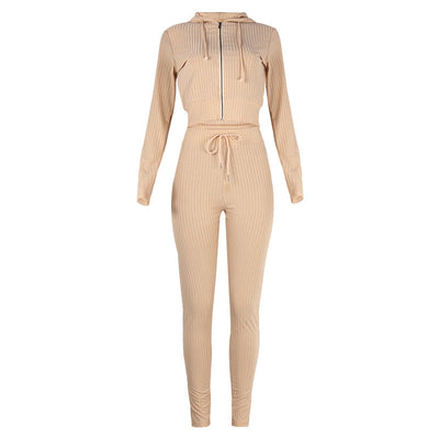 Women's Ribbed Knit Two-Piece Set – Cropped Zip Hoodie & High-Waisted Leggings