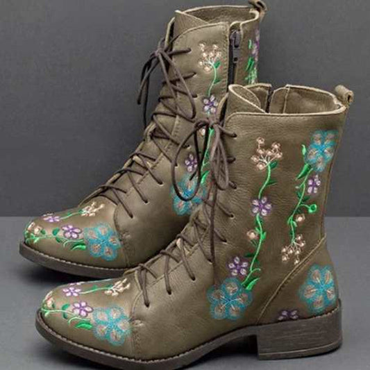 Women’s Mid-Calf Boots – Embroidered Floral – Block Heel – Lace-Up with Side Zip