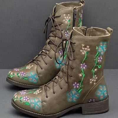 Women’s Mid-Calf Boots – Embroidered Floral – Block Heel – Lace-Up with Side Zip