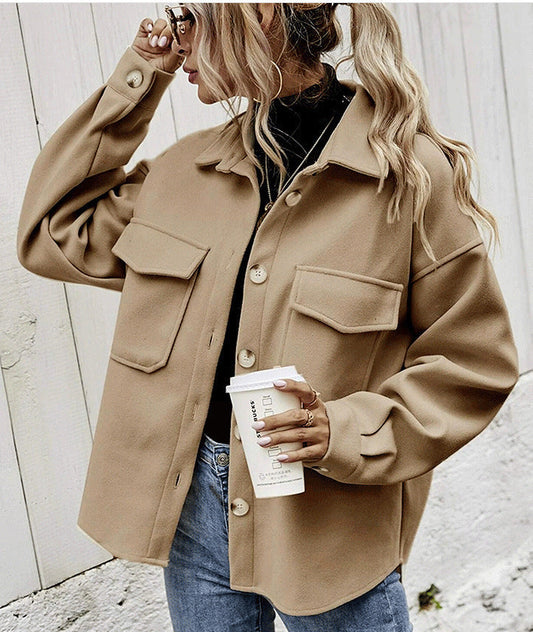 Women’s Oversized Jacket – Wool Blend – Button Front – Chest Flap Pockets – Dropped Shoulder