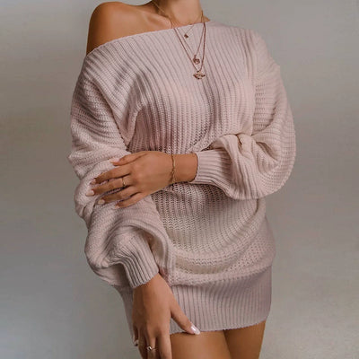 Women’s Sweater Dress – Wool Knit – Off-Shoulder – Ribbed – Lantern Sleeve – Mini Length