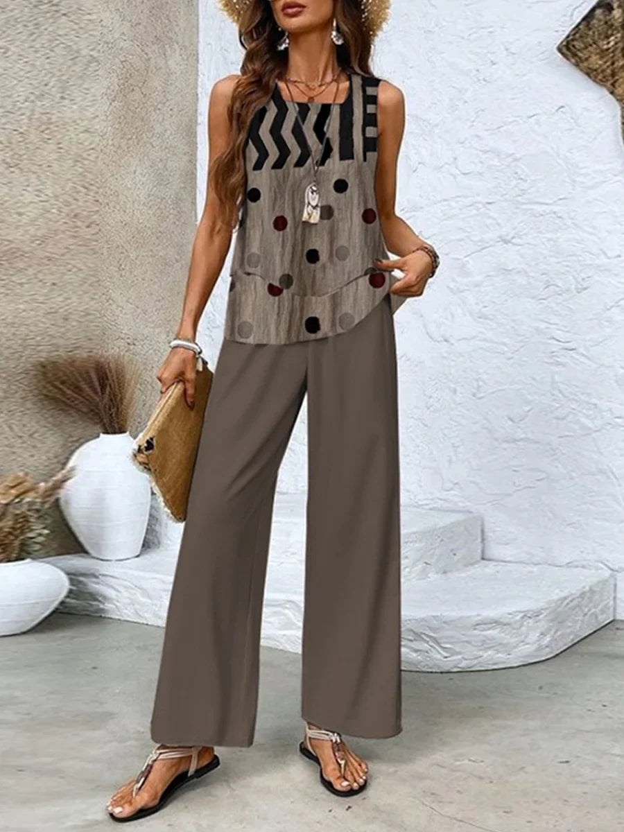 Women’s Two-Piece Set – Sleeveless Top and Wide-Leg Trousers – Breathable Blend – Relaxed Fit