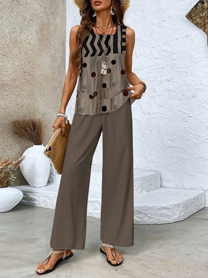 Women’s Two-Piece Set – Sleeveless Top and Wide-Leg Trousers – Breathable Blend – Relaxed Fit