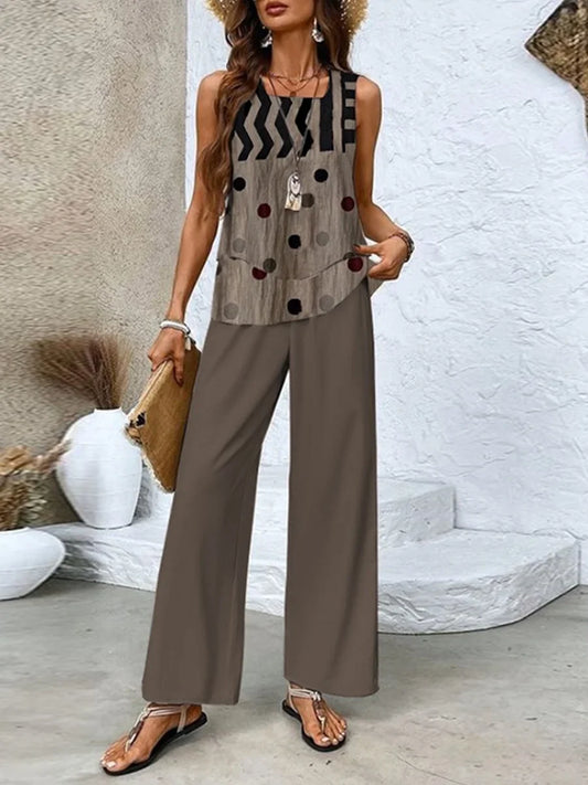 Women’s Two-Piece Set – Sleeveless Top and Wide-Leg Trousers – Breathable Blend – Relaxed Fit