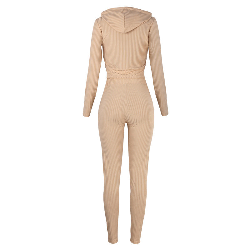 Women's Ribbed Knit Two-Piece Set – Cropped Zip Hoodie & High-Waisted Leggings