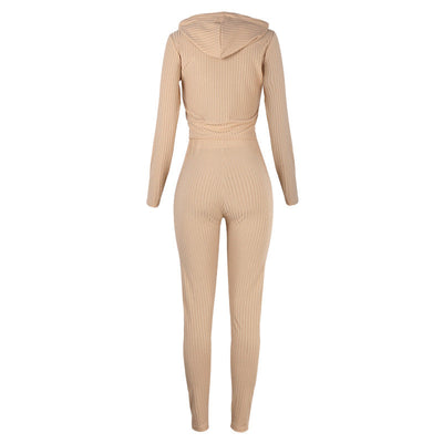 Women's Ribbed Knit Two-Piece Set – Cropped Zip Hoodie & High-Waisted Leggings