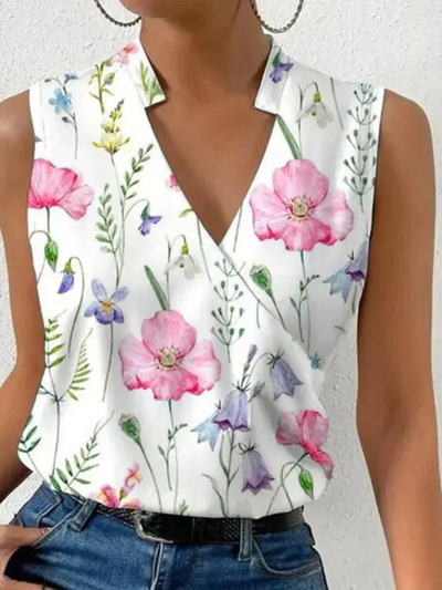 Women’s Sleeveless Top – Tailored Fit – Wrap V-Neck – Floral Print – Breathable Blend