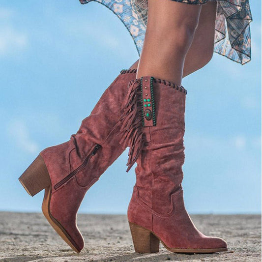 Women’s Knee-High Boots – Faux Suede – Fringe Detail – Western Style – Block Heel