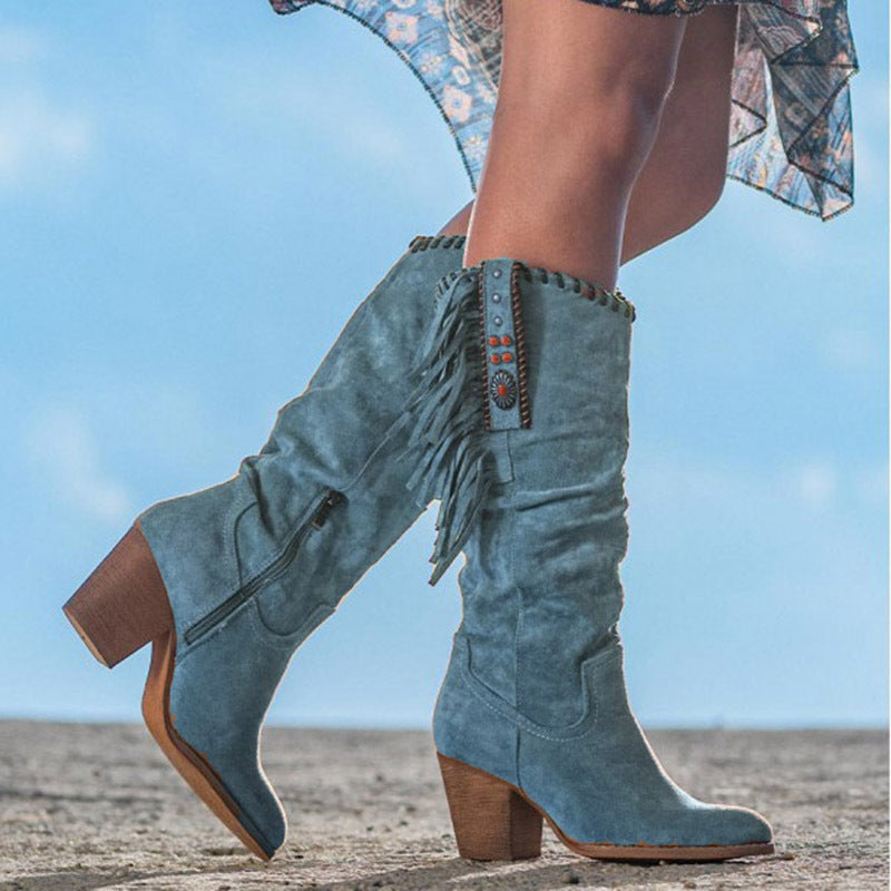 Women’s Knee-High Boots – Faux Suede – Fringe Detail – Western Style – Block Heel