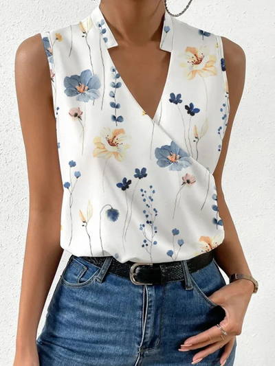 Women’s Sleeveless Top – Tailored Fit – Wrap V-Neck – Floral Print – Breathable Blend