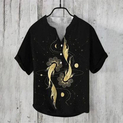 Men’s Casual Shirt – Relaxed Fit – Short Sleeve – Henley Neck – Artistic Cat Graphic