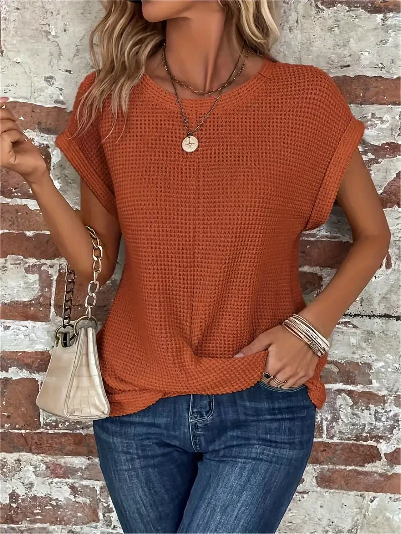 Women's Knit Top - Waffle Texture - Loose Fit - Round Neck - Breathable Casual Wear