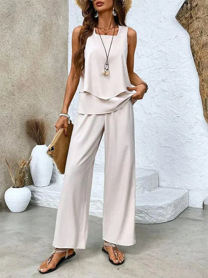 Women’s Two-Piece Set – Sleeveless Top and Wide-Leg Trousers – Breathable Blend – Relaxed Fit