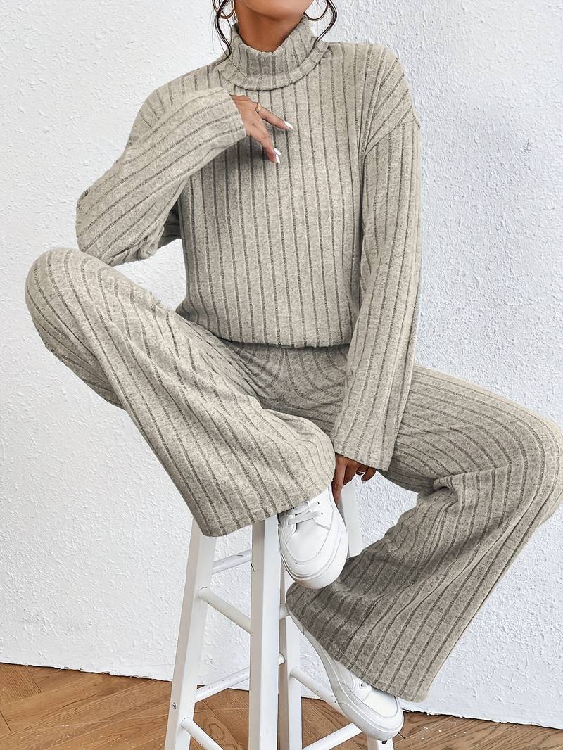 Women's two-piece set with turtleneck sweater and wide pants