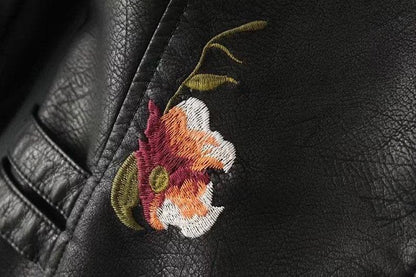 Women's casual leather jacket with floral design