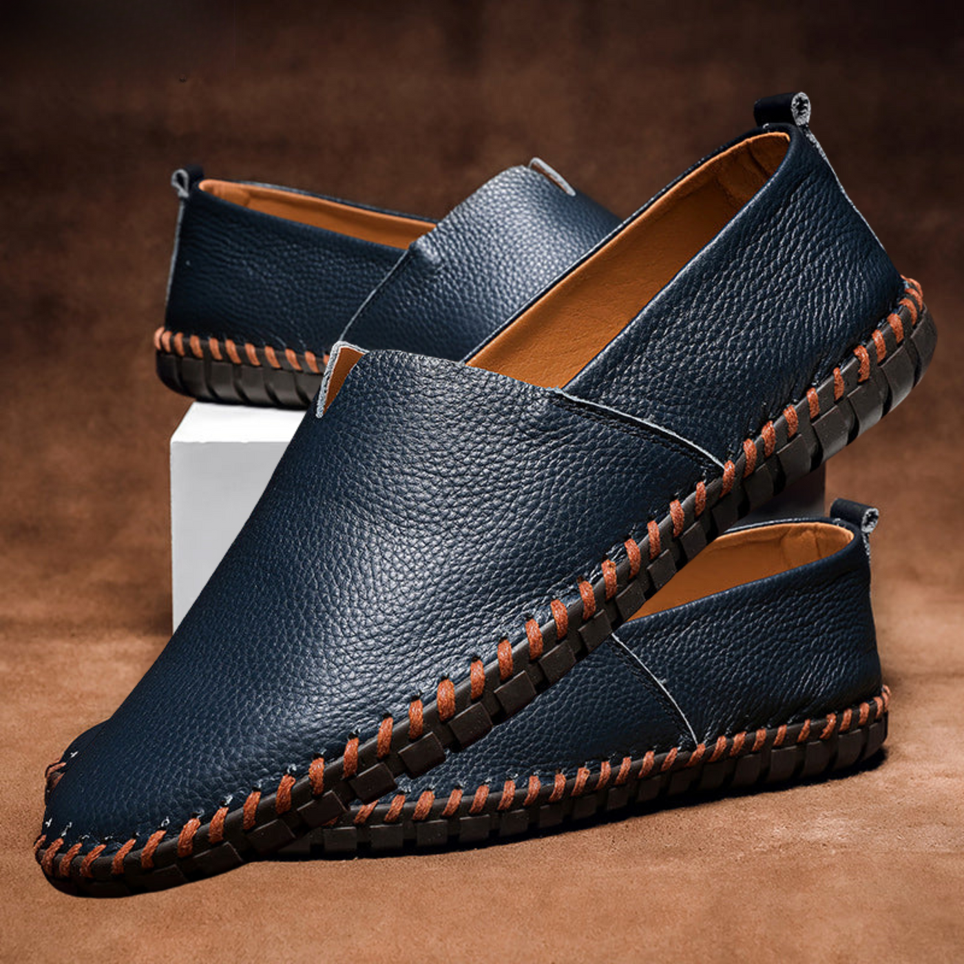 Men’s Leather Loafers – Slip-On Moccasin Style – Pebbled Texture – Casual Fit
