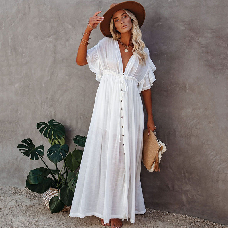 Women’s Maxi Dress – Flowy Fit – Ruffled Sleeves – V-Neck – Button Front – Elastic Waist