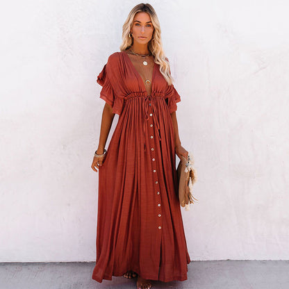 Women’s Maxi Dress – Flowy Fit – Ruffled Sleeves – V-Neck – Button Front – Elastic Waist
