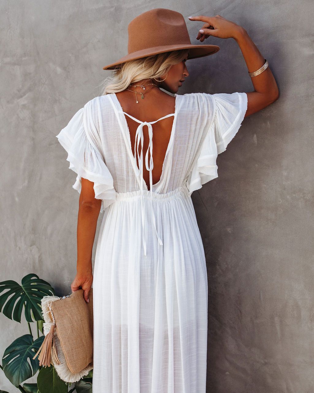 Women’s Maxi Dress – Flowy Fit – Ruffled Sleeves – V-Neck – Button Front – Elastic Waist