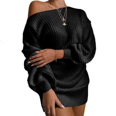 Women’s Sweater Dress – Wool Knit – Off-Shoulder – Ribbed – Lantern Sleeve – Mini Length