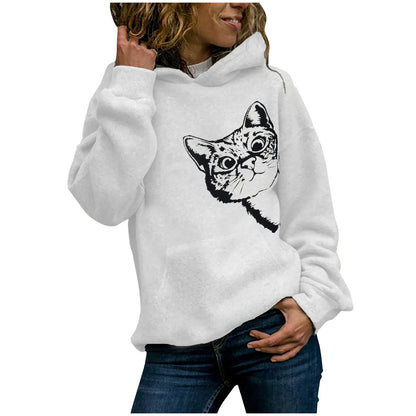 Women’s Hooded Sweatshirt – Oversized Fit – Cotton Plush – Cat Graphic – Casual Wear