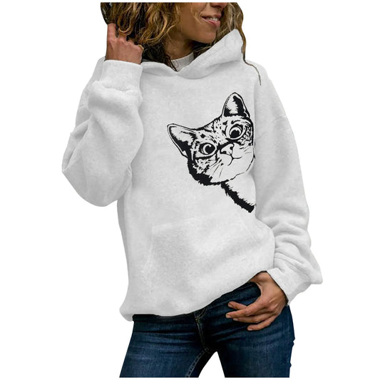 Women’s Hooded Sweatshirt – Oversized Fit – Cotton Plush – Cat Graphic – Casual Wear