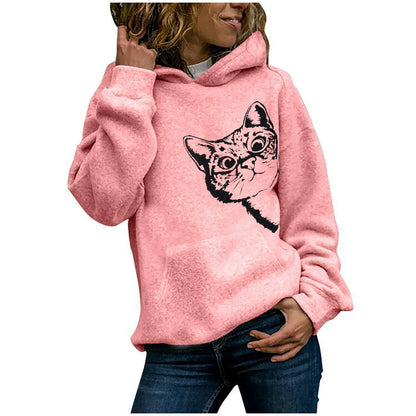 Women’s Hooded Sweatshirt – Oversized Fit – Cotton Plush – Cat Graphic – Casual Wear