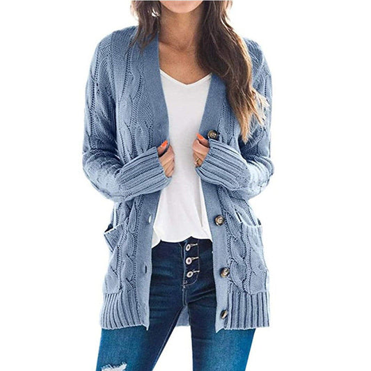 Women’s Cardigan – Wool Blend Knit – Relaxed Fit – Button Front – Mid-Length with Pockets