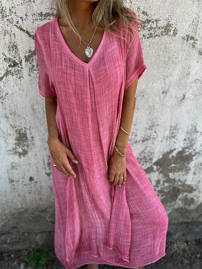 Women’s Dress – Relaxed Fit – V-Neck – Short Sleeve – Center Pleat – Breathable Blend