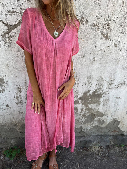 Women’s Dress – Relaxed Fit – V-Neck – Short Sleeve – Center Pleat – Breathable Blend