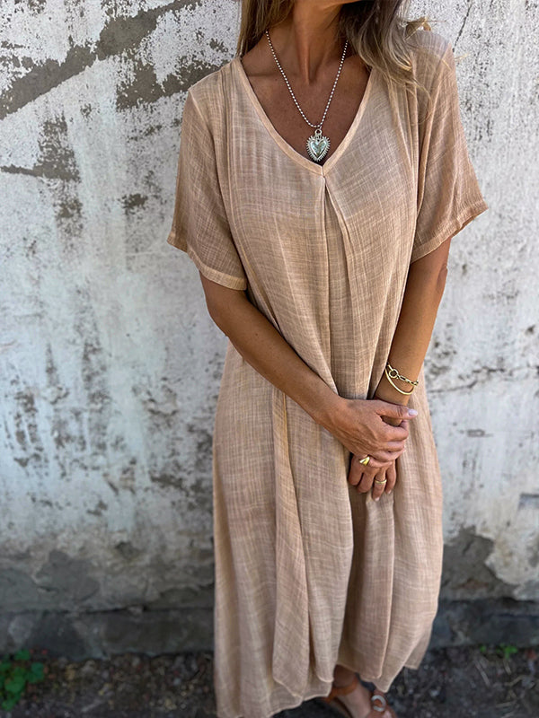 Women’s Dress – Relaxed Fit – V-Neck – Short Sleeve – Center Pleat – Breathable Blend