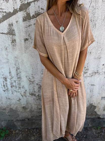 Women’s Dress – Relaxed Fit – V-Neck – Short Sleeve – Center Pleat – Breathable Blend