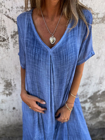 Women’s Dress – Relaxed Fit – V-Neck – Short Sleeve – Center Pleat – Breathable Blend
