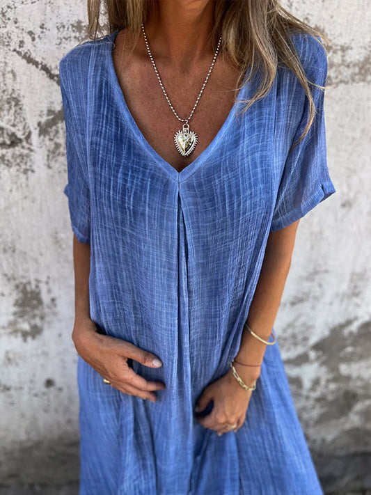 Women’s Dress – Relaxed Fit – V-Neck – Short Sleeve – Center Pleat – Breathable Blend